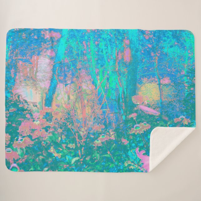 Manta Sherpa Trippy Aqua Sunrise con flores psicodélicas (Anverso (horizontal))