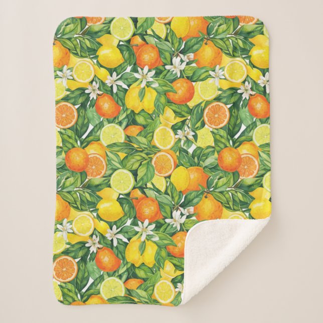Manta Sherpa Tropical Citrus Medley Watercolor Pattern (Anverso)