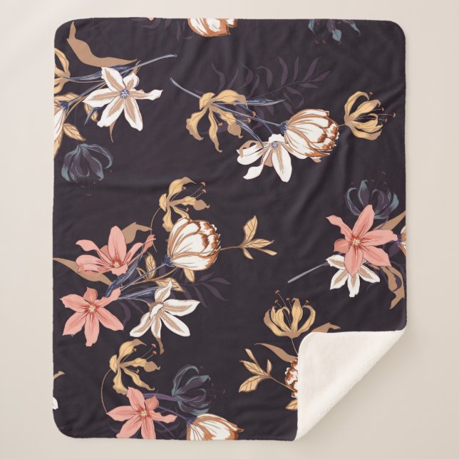 Manta Sherpa Tulipanes de época, fondo morado oscuro (Anverso)