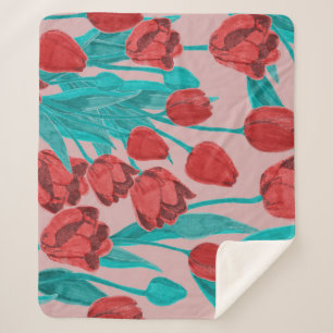 Manta Sherpa Tulipanes de primavera, patrón floral dibujado a m