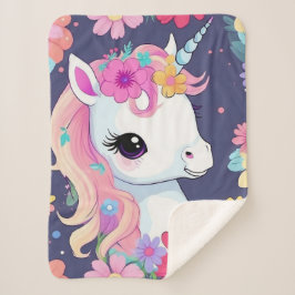 Manta Sherpa Unicornio blanco adorable con flores