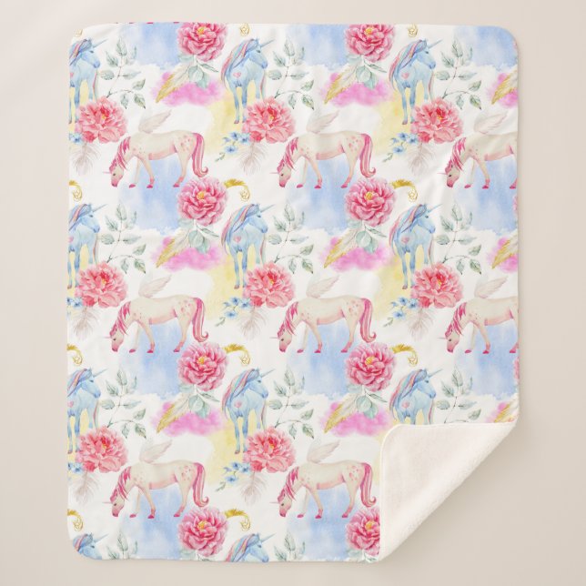 Manta Sherpa Unicornio de la acuarela y modelo de Pegaso (Anverso)