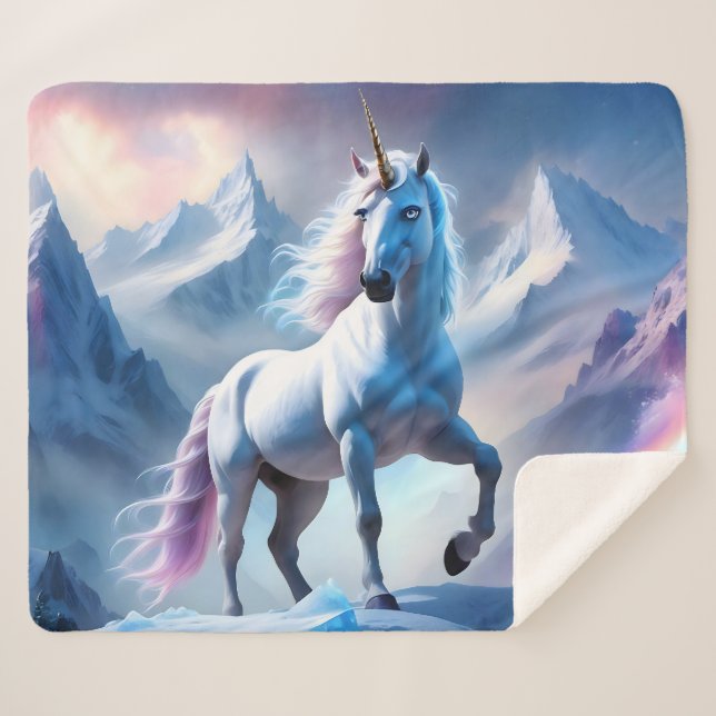 Manta Sherpa Unicornio encantado en un Poster nevado (Anverso (horizontal))