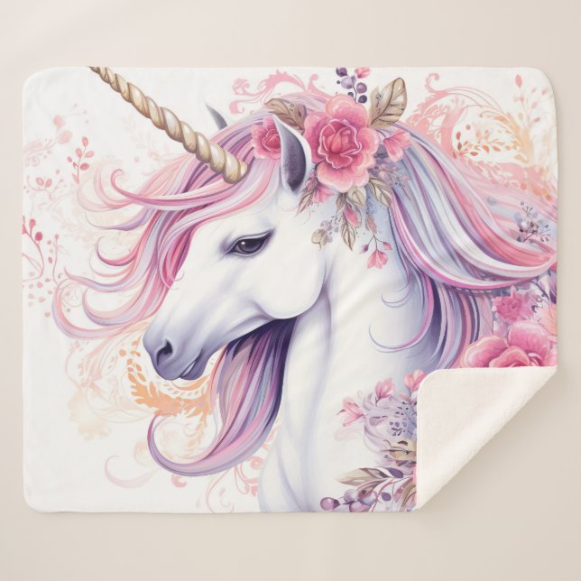 Manta Sherpa Unicornio Floral Hermoso (Anverso (horizontal))