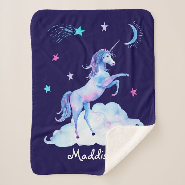 Manta Sherpa Unicornio personalizado en nubes Sherpa Snuggy (Anverso)
