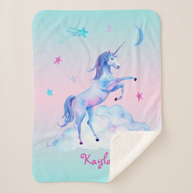 Manta Sherpa Unicornio personalizado en nubes Sherpa Snuggy (Anverso)