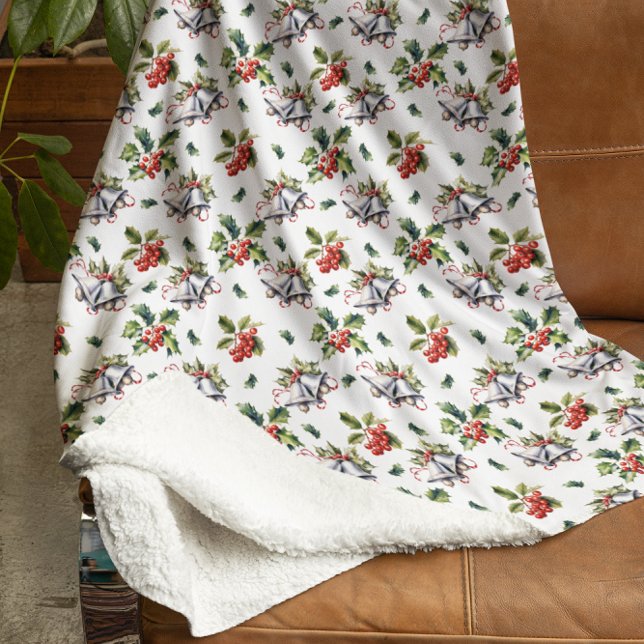 Manta Sherpa Vacaciones navideñas vírgenes, campanas plateadas  (Vintage Christmas Holiday Silver Bells, Holly and Berries Sherpa Blanket)