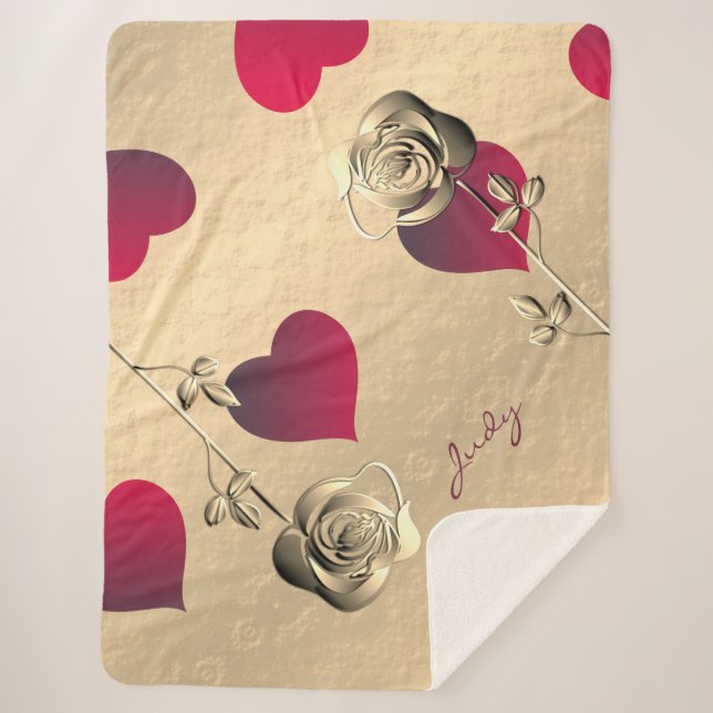 Manta Sherpa Valentine Red Hearts Rosa Gold Sherpa Blanket (Anverso)