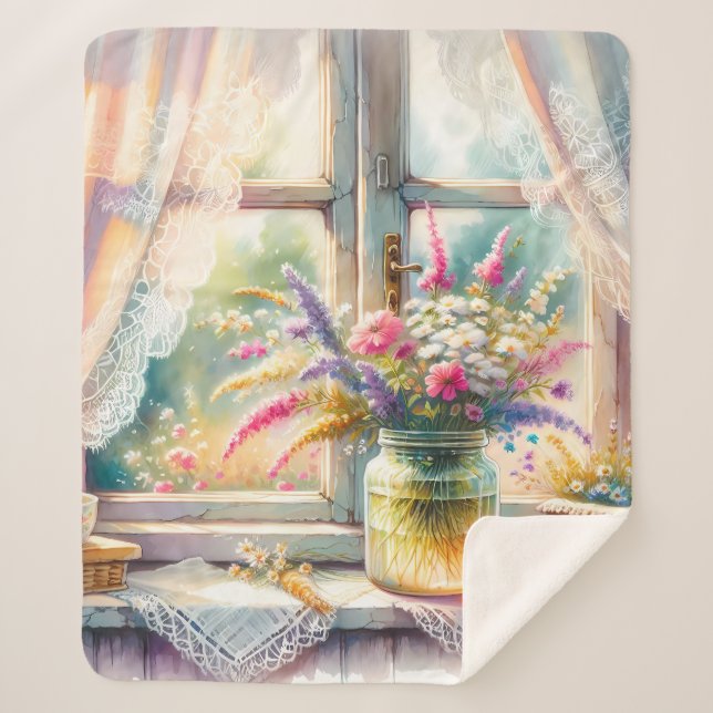 Manta Sherpa Ventana de cabaña soleada con flores silvestres (Anverso)