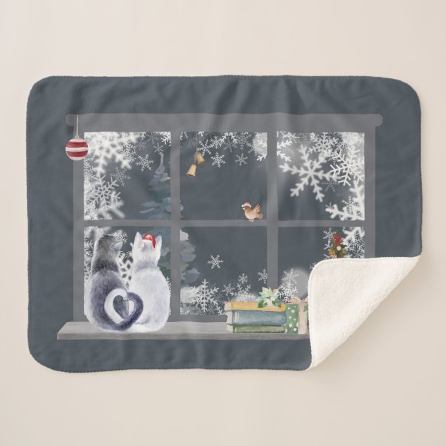 Manta Sherpa Ventana Gatos en Navidades (Anverso (horizontal))