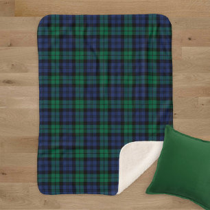 Manta Sherpa Verde Azul Negro Reloj Plaid Rústico
