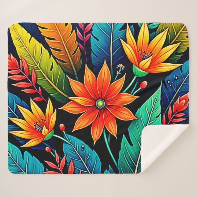 Manta Sherpa Vibrant Tropical Flower Art (Anverso (horizontal))