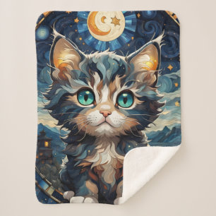 Manta Sherpa Vidrio tamizado con cielo nocturno de gatito suave