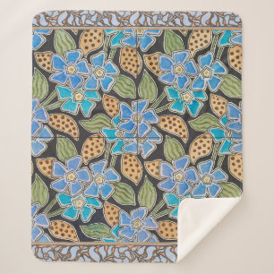 Manta Sherpa Vincapervinca azul ornamentada floral art nouveau 