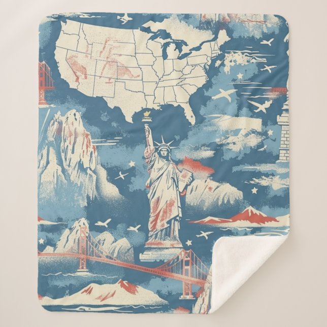 Manta Sherpa Vintage American Landmark Pattern - Liberty, Estad (Anverso)