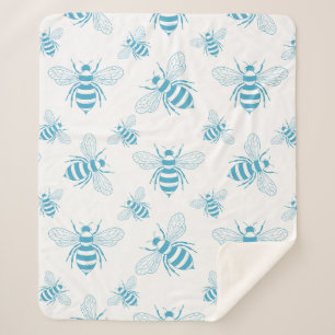 Manta Sherpa Vintage Bee Botánico Azul (1)