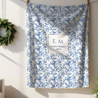 Manta Sherpa Vintage Blue Toile Custom Name Blanket for Grandma