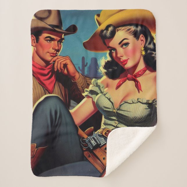 Manta Sherpa Vintage Cowboy y Cowgirl (Anverso)