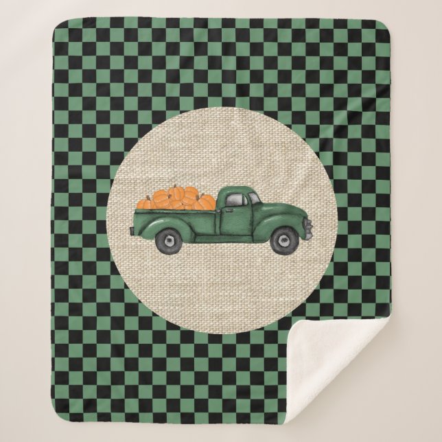 Manta Sherpa Vintage Green Pumpkin Truck Sherpa Blanket (Anverso)
