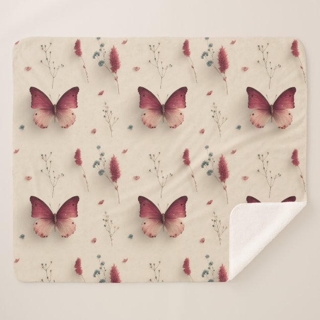 Manta Sherpa Vintage Spring Flowers & Blush Butterfly (Anverso (horizontal))