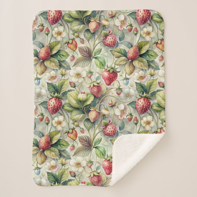 Manta Sherpa Vintage Strawberry Garden Agua Botánica (Anverso)