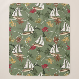 Manta Sherpa Vintage tropical leaves, boat, and sailor rope sea