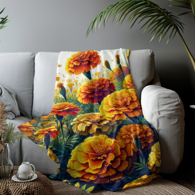 Manta Sherpa Vivid Marigolds Floral (Marigold Flowered Sherpa Fleece Blanket Medium Size)