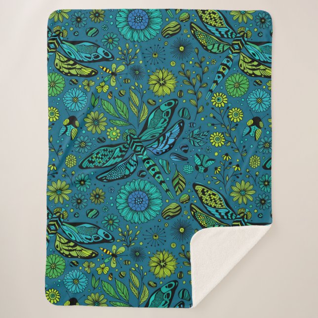 Manta Sherpa Volar, volar libélula en azul (Anverso)