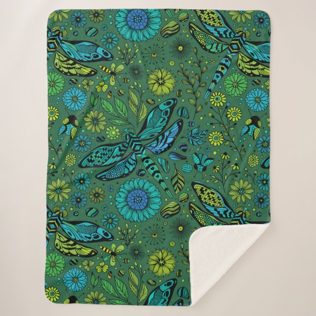 Manta Sherpa Volar, volar libélula sobre verde esmeralda (Anverso)