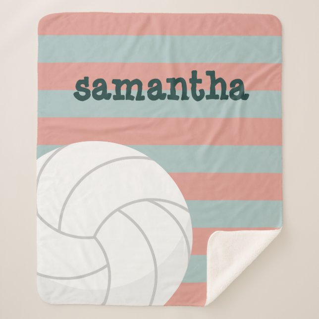 Manta Sherpa Voleibol gigante oscuro verde y melón rosado rayad (Anverso)