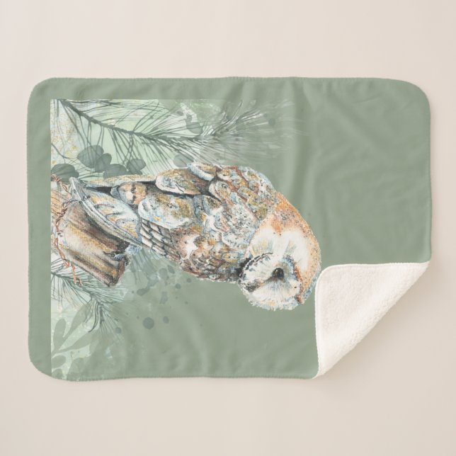 Manta Sherpa Watercolor Barn Owl Bird Wildlife Nature Art (Anverso (horizontal))