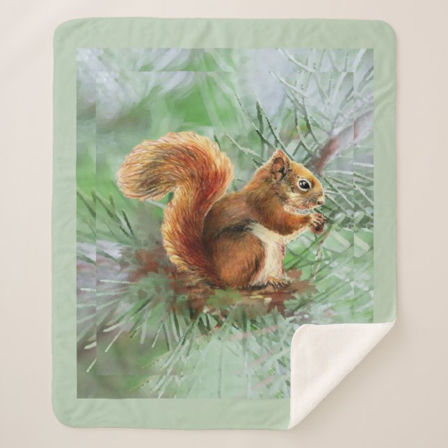 Manta Sherpa Watercolor Cute Red Squirrel Wildlife Animal Art (Anverso)