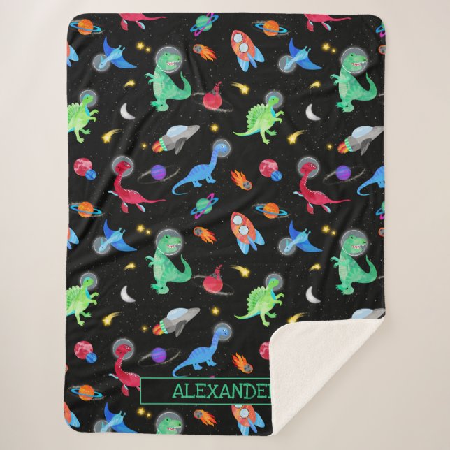 Manta Sherpa Watercolor Dinosaur Astronauts In Space Black (Anverso)