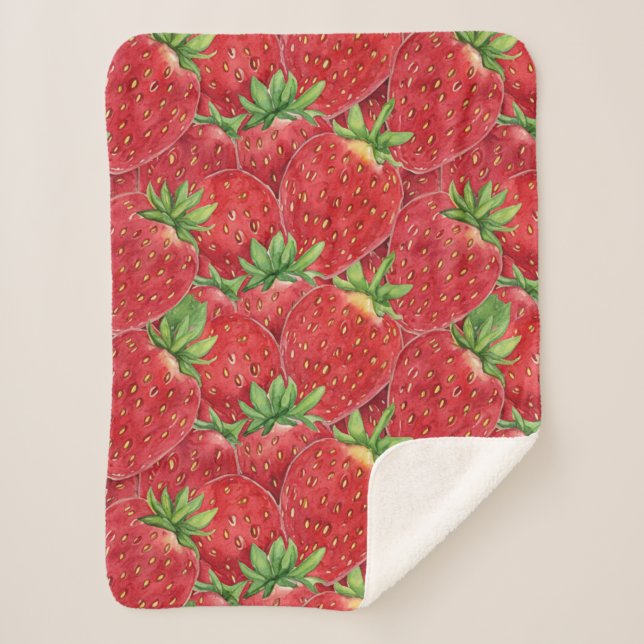 Manta Sherpa Watercolor Fresh Strawberry Patch Seamless Pattern (Anverso)