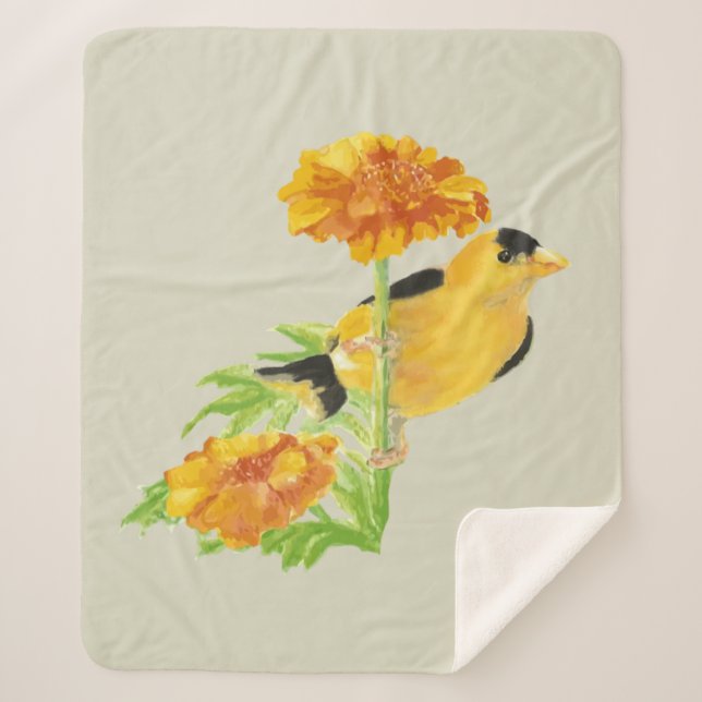 Manta Sherpa Watercolor Goldfinch Garden Bird Marigold Flower (Anverso)