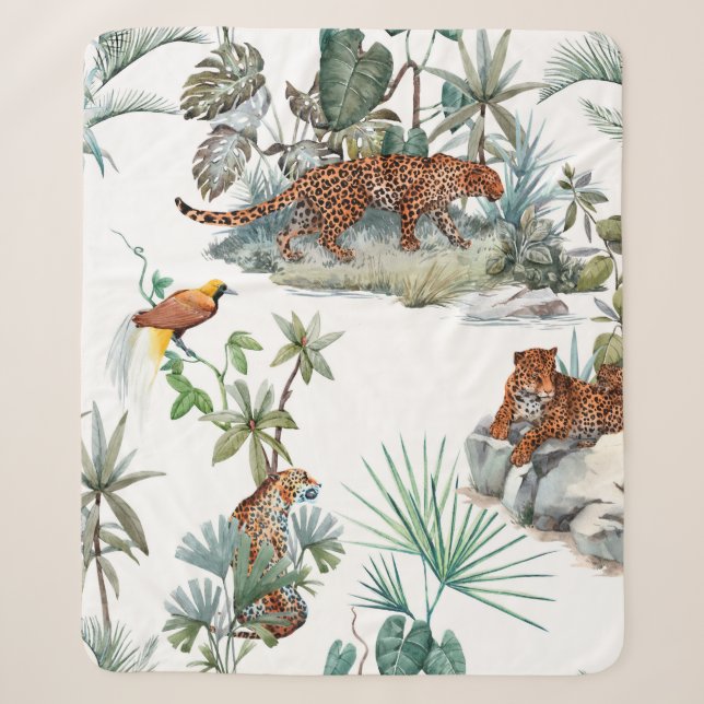 Manta Sherpa Watercolor tropical pattern with a leopard animal, (Anverso)