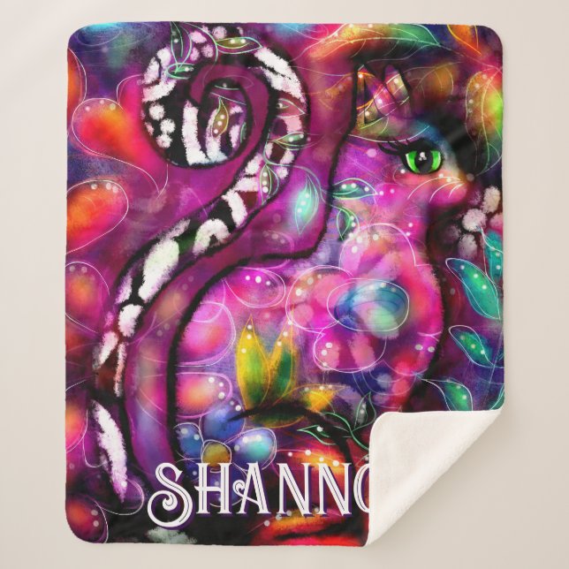 Manta Sherpa Whimsical Abstract Kitty Cat Floral Personalized (Anverso)
