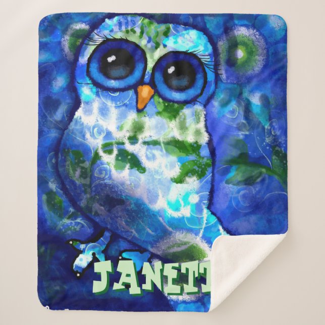 Manta Sherpa Whimsical Abstract Owl Blue Green Personalizado (Anverso)