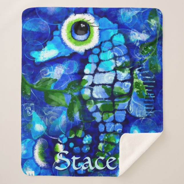 Manta Sherpa Whimsical Big-Eyes Seahorse Art Blue Personalized (Anverso)