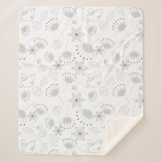 Manta Sherpa Whimsical Cute Floral and Bird Pattern on White