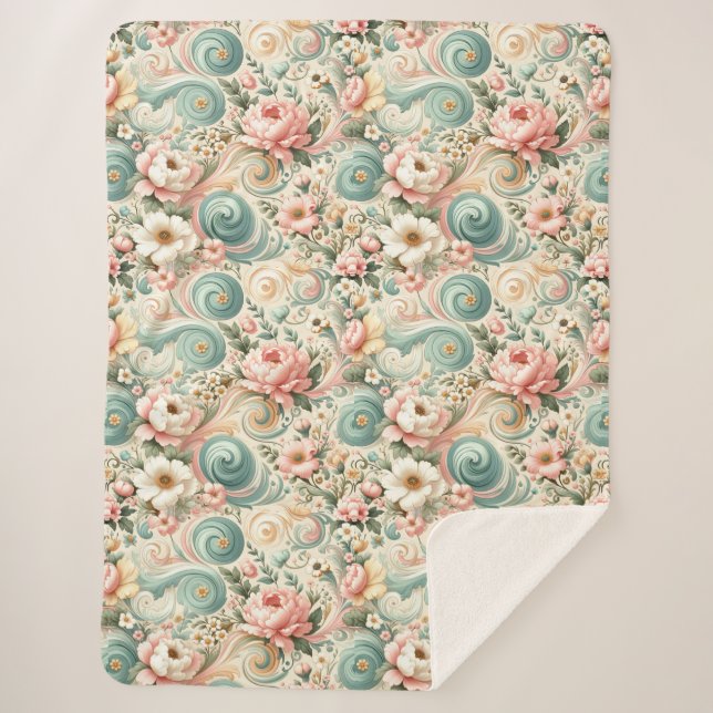 Manta Sherpa Whimsical Floral Swirls en Pastel (Anverso)