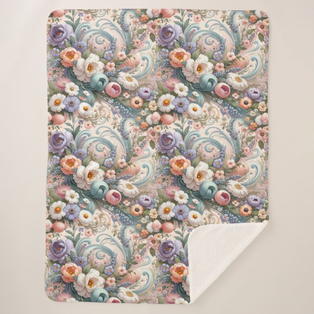 Manta Sherpa Whimsical Floral Swirls en Pastel (Anverso)