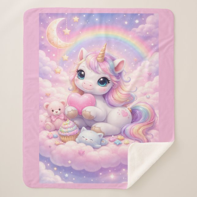 Manta Sherpa Whimsical Kawaii Pastel Unicorn & Friends On Cloud (Anverso)
