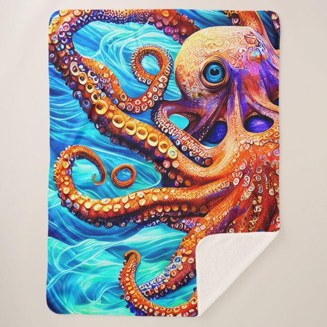 Manta Sherpa Whimsical Octopus Blue Ocean Wave Cubism (Anverso)