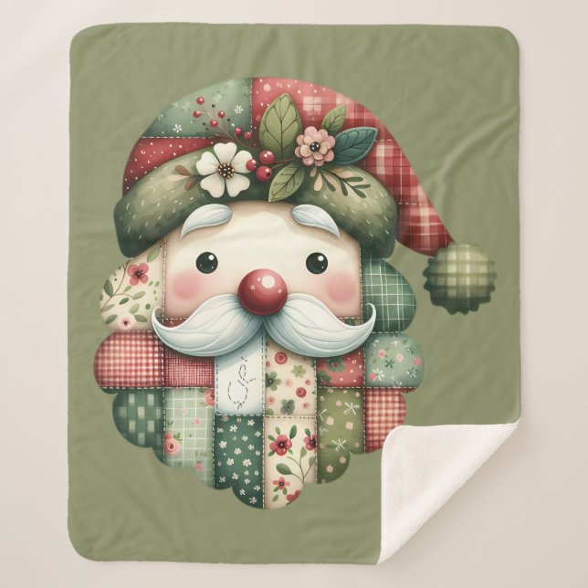 Manta Sherpa Whimsical Patchwork Santa Folk Christmas (Anverso)