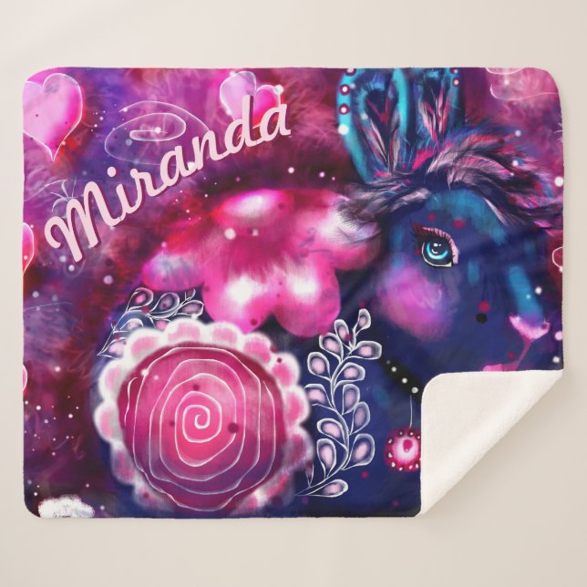 Manta Sherpa Whimsical Rabbit 'Glamour Bunny' Personalized (Anverso (horizontal))