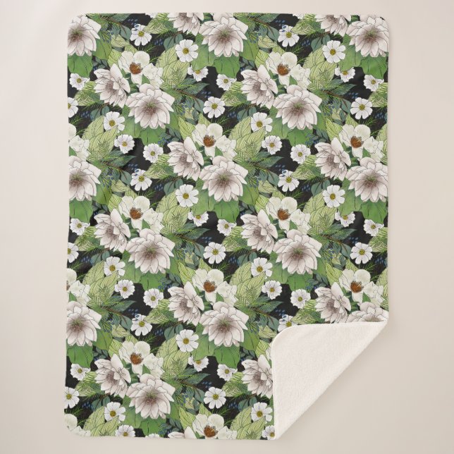 Manta Sherpa White Flowers Sherpa Blanket (Anverso)