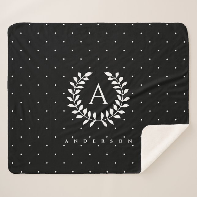 Manta Sherpa White On Black Laurel Monogram Polka Dot Pattern (Anverso (horizontal))