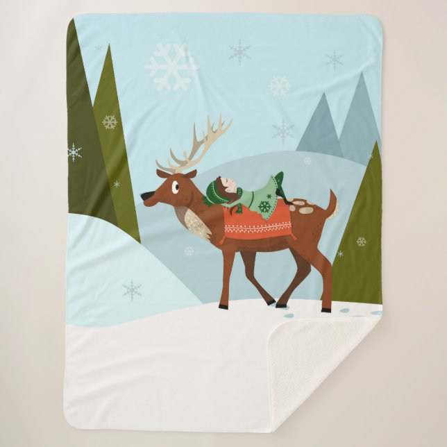 Manta Sherpa Winter deer and elf in snow Christmas tale fun art (Anverso)
