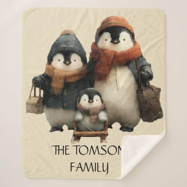 Manta Sherpa Winter Penguin Family Personalized Design (Anverso)